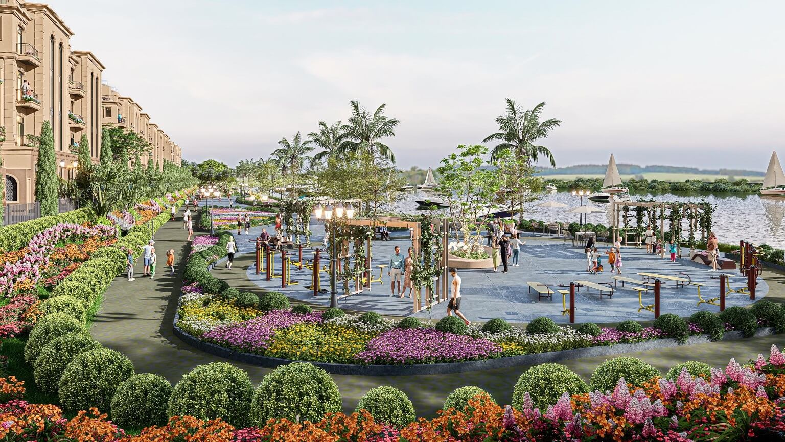 II.TIỆN ÍCH PHÚ THỊ RIVERSIDETư Vấn Chọn Căn Đẹp, Phong Thủy Họ và Tên Số điện thoại Loại hình thấp tầng • Công viên ven sông Thiên Đức: Với 500m mặt sông tự nhiên, dự án sở hữu công viên ven sông, tạo không gian xanh mát, lý tưởng cho hoạt động dạo bộ và thư giãn. • Hạ tầng kỹ thuật tiên tiến: Dự án được trang bị hạ tầng kỹ thuật hiện đại, đảm bảo cuộc sống tiện nghi và an toàn cho cư dân. • Tiện ích nội khu đa dạng: Phú Thị Riverside cung cấp đầy đủ các tiện ích như khu vui chơi trẻ em, khu thể thao, trung tâm thương mại và các dịch vụ khác, đáp ứng mọi nhu cầu sinh hoạt hàng ngày. • Mật độ xây dựng thấp: Với mật độ xây dựng thấp, dự án dành nhiều không gian cho cây xanh và cảnh quan, tạo môi trường sống trong lành và thoải mái. • Sân vườn riêng cho từng căn: 100% sản phẩm tại dự án đều có sân vườn riêng, mang lại không gian sống xanh và gần gũi với thiên nhiên cho cư dân. Những tiện ích tại Phú Thị RiversideCông viên nội khuCông viên ven sông Thiên Đức